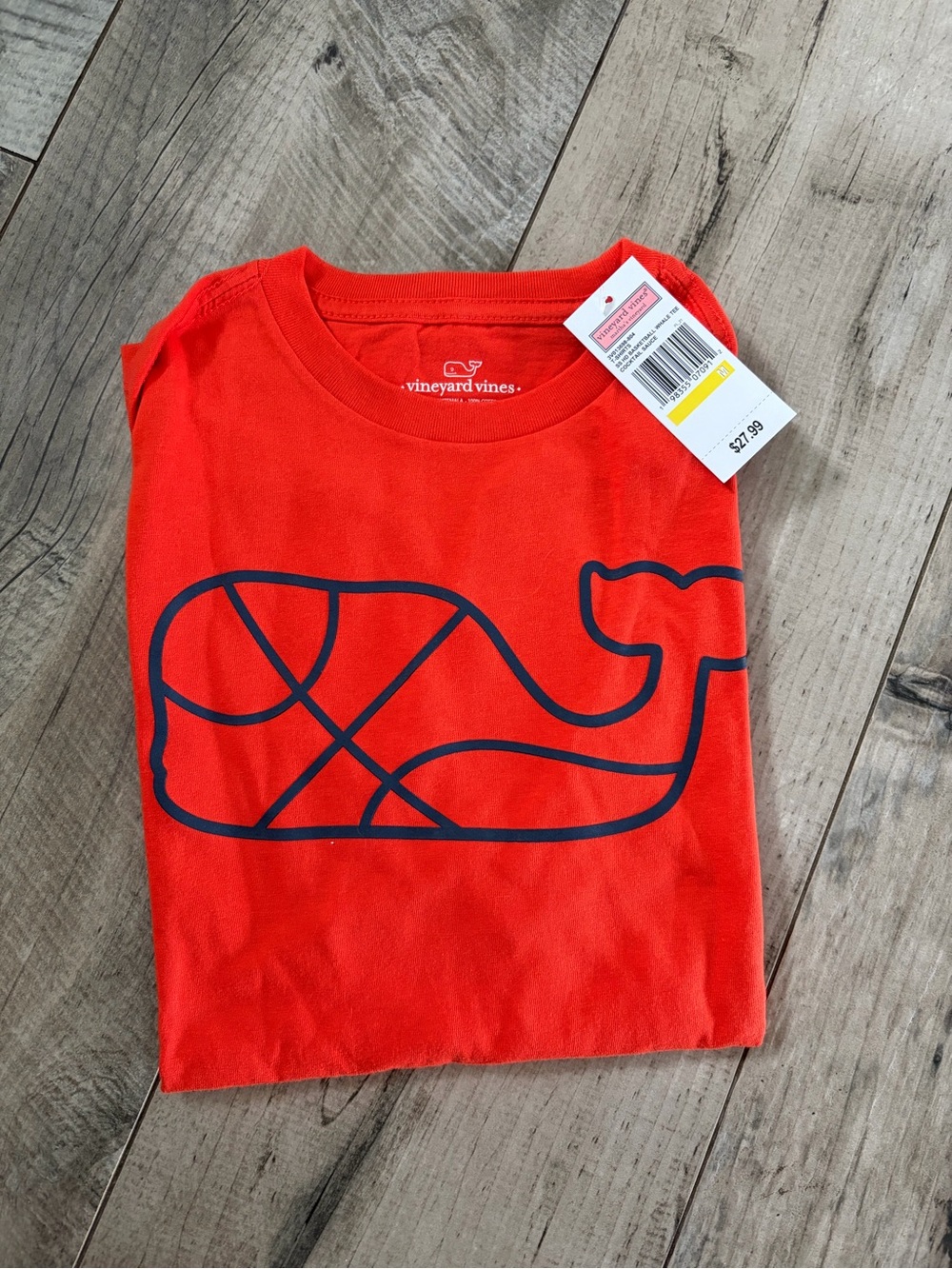 Vineyard Vines Orange Short Sleeve Tee with Navy Whale shaped like a basketball